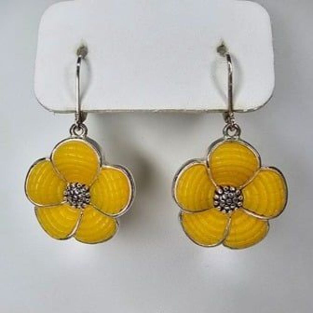 Vintage Napier Yellow and Silver Tone Flower Drop Earrings 1 1/2"Lx1"W